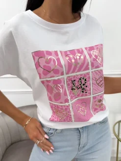 Biały Bawełniany T-shirt z Różowym Wzorem 13943-359-C|Modna Kiecka Sale