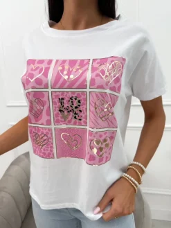 Biały Bawełniany T-shirt z Różowym Wzorem 13943-359-C|Modna Kiecka Sale