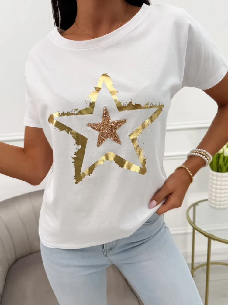 Biały Bawełniany T-shirt ze Złotym Wzorem 13944-288-B|Modna Kiecka Clearance