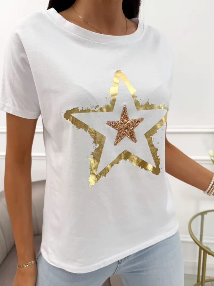Biały Bawełniany T-shirt ze Złotym Wzorem 13944-288-B|Modna Kiecka Clearance