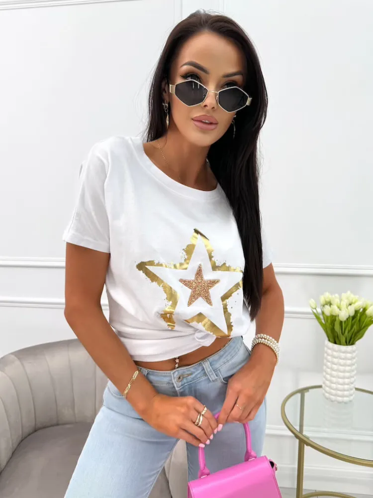 Biały Bawełniany T-shirt ze Złotym Wzorem 13944-288-B|Modna Kiecka Clearance