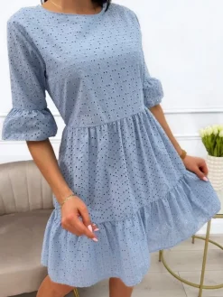 Błękitna Ażurowa Sukienka 13846-427-B|Modna Kiecka Outlet