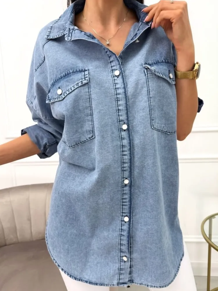 Błękitna Jeansowa Koszula 13682-68-A|Modna Kiecka Hot