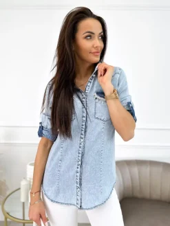 Błękitna Jeansowa Koszula z Ozdobnymi Kieszeniami 9881-358-A|Modna Kiecka Best