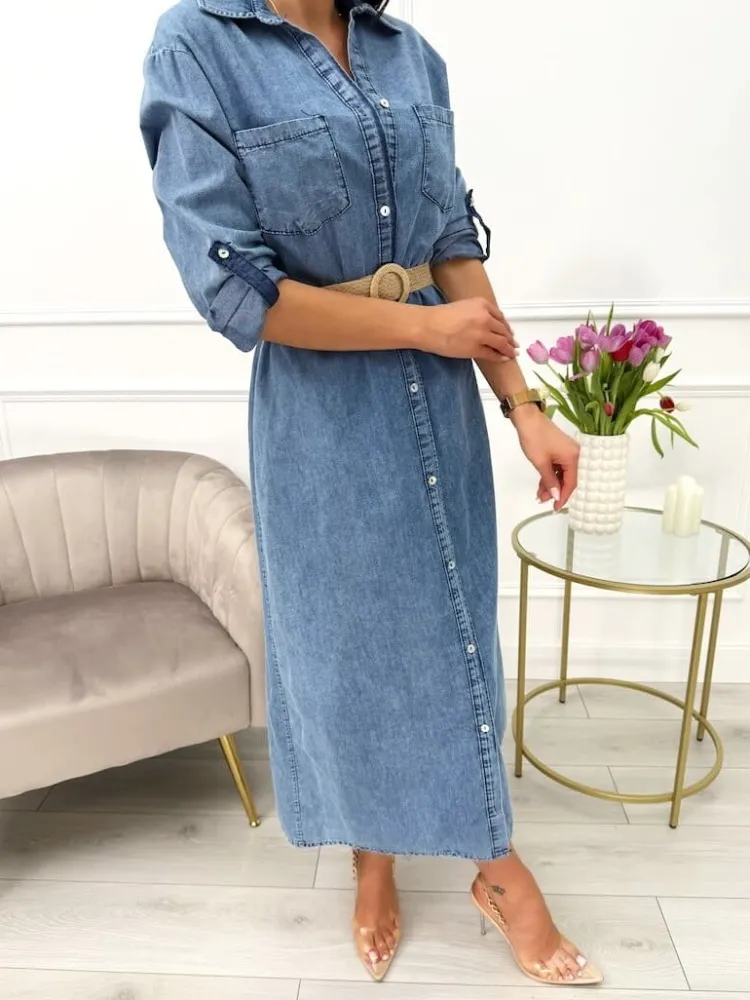 Błękitna Jeansowa Sukienka z Paskiem 13636-514-A|Modna Kiecka Hot