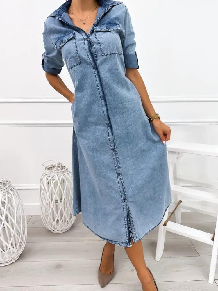 Błękitna Jeansowa Sukienka Maxi 12680-226-A|Modna Kiecka New