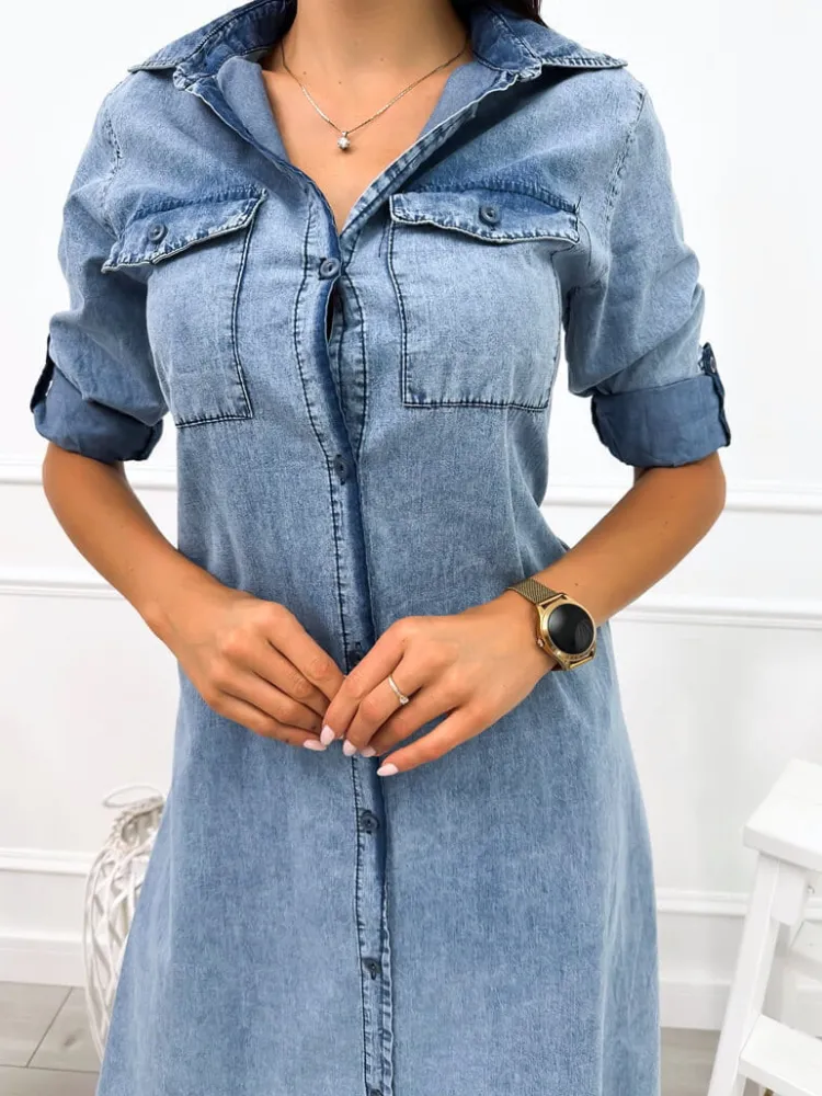Błękitna Jeansowa Sukienka Maxi 12680-226-A|Modna Kiecka New