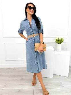 Błękitna Jeansowa Sukienka z Paskiem 12620-244-A|Modna Kiecka Outlet