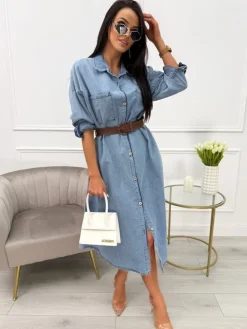 Błękitna Jeansowa Sukienka z Paskiem i Kieszeniami 13746-102-A|Modna Kiecka Discount