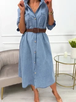 Błękitna Jeansowa Sukienka z Paskiem i Kieszeniami 13746-102-A|Modna Kiecka Discount