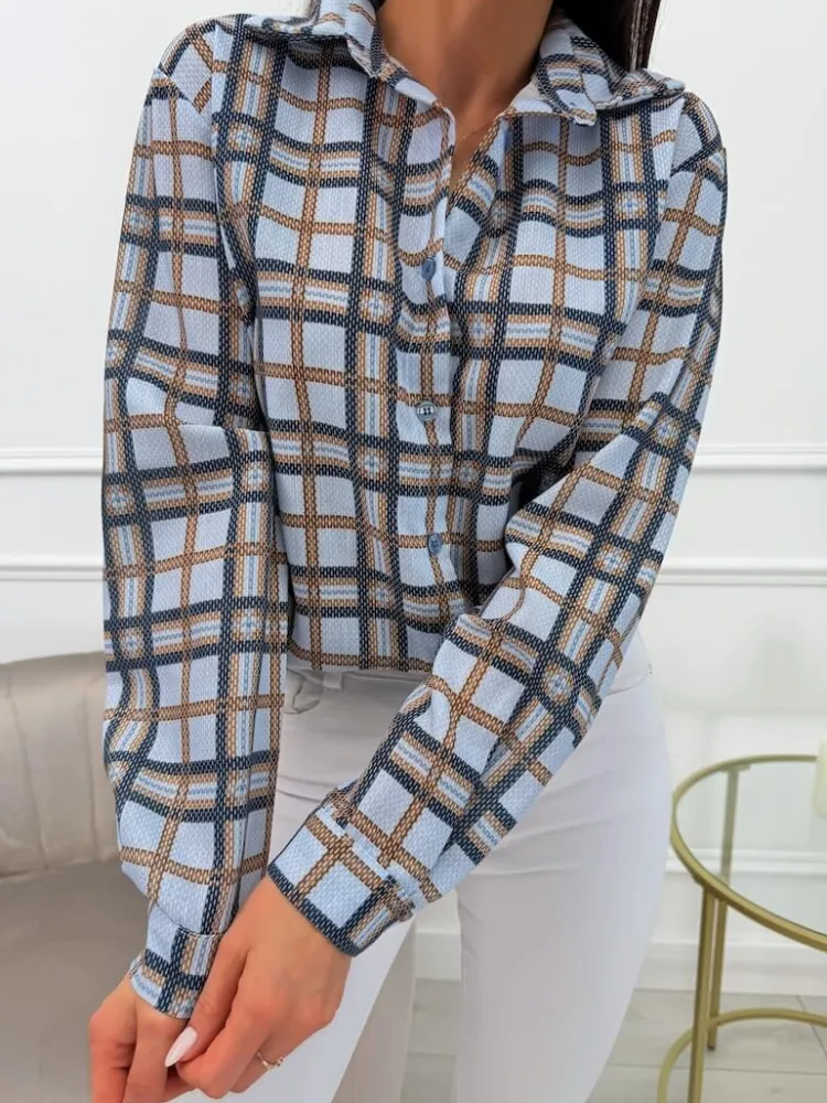 Błękitna Koszula w Kratę 13755-141-B|Modna Kiecka Fashion