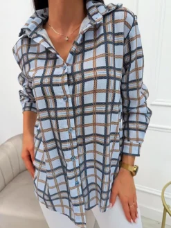 Błękitna Koszula w Kratę 13755-141-B|Modna Kiecka Fashion