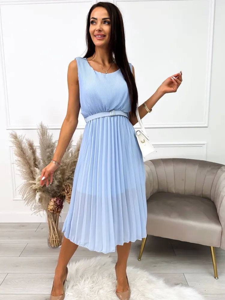 Błękitna Plisowana Sukienka z Paskiem 10389-153-A|Modna Kiecka Outlet