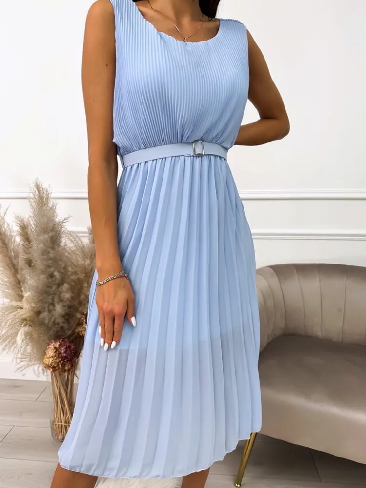 Błękitna Plisowana Sukienka z Paskiem 10389-153-A|Modna Kiecka Outlet