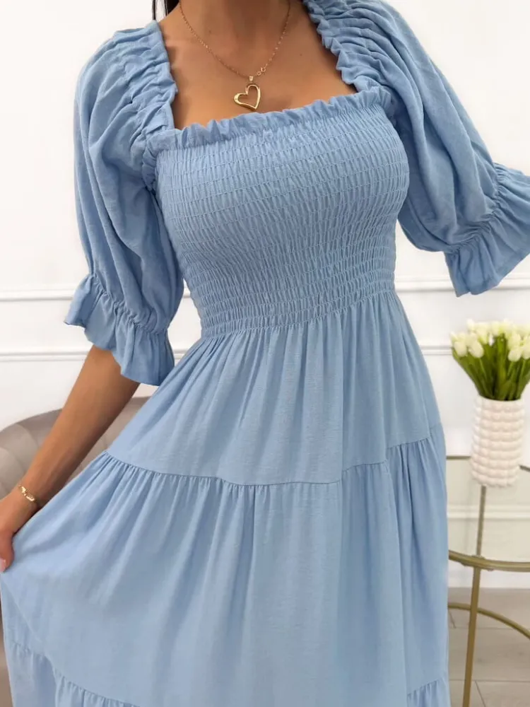 Błękitna Sukienka Hiszpanka Midi 13991-313-A|Modna Kiecka Hot