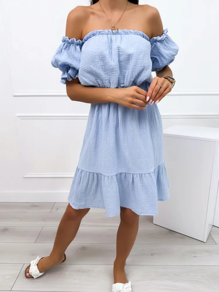 Błękitna Sukienka Hiszpanka z Falbanką 12455-327-B|Modna Kiecka Fashion
