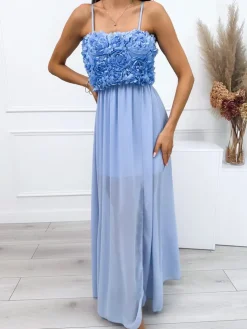 Błękitna Sukienka Maxi na Ramiączkach z Ozdobami 12603-216-A|Modna Kiecka Discount