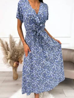 Błękitna Sukienka Maxi w Kwiaty 12412-83-A|Modna Kiecka Hot