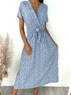 Błękitna Sukienka Maxi w Kwiaty 12080-11-C|Modna Kiecka Fashion