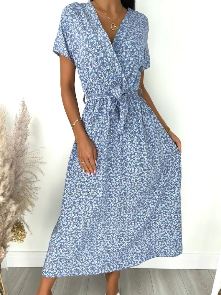 Błękitna Sukienka Maxi w Kwiaty 12080-11-C|Modna Kiecka Fashion