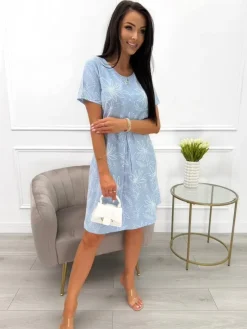 Błękitna Sukienka w Biały Wzór z Kieszeniami 13967-515-B|Modna Kiecka Sale