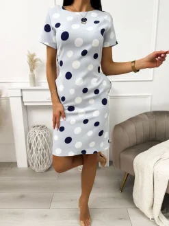 Błękitna Sukienka w Grochy 11717-248-D|Modna Kiecka Online