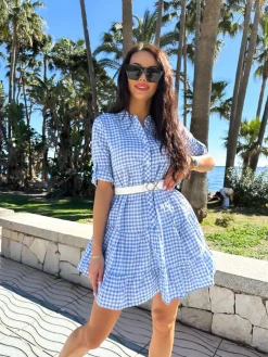 Błękitna Sukienka w Kratkę z Falbanką 11410-190-A|Modna Kiecka Fashion