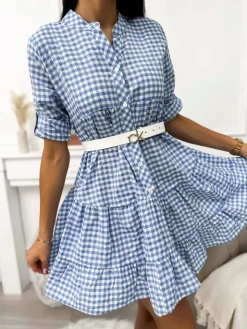 Błękitna Sukienka w Kratkę z Falbanką 11410-190-A|Modna Kiecka Fashion