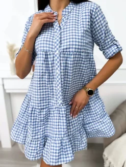 Błękitna Sukienka w Kratkę z Falbanką 11410-190-A|Modna Kiecka Fashion