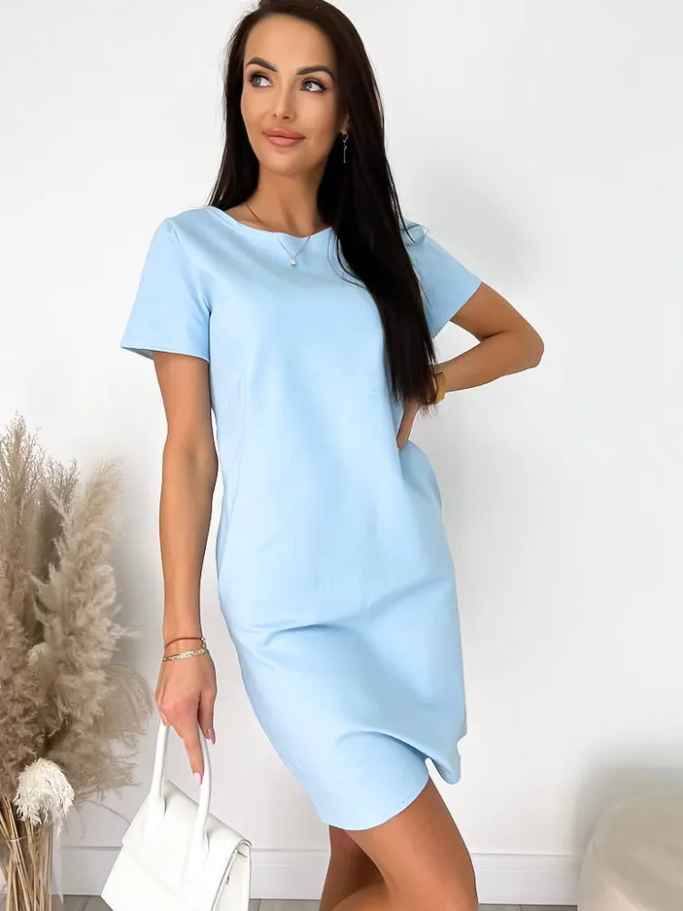 Błękitna Sukienka z Kieszeniami 9472-185-B|Modna Kiecka Sale