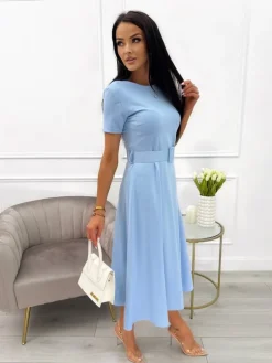 Błękitna Sukienka z Paskiem 13662-78-E|Modna Kiecka Discount