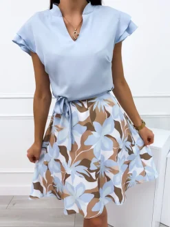 Błękitna Sukienka ze Wzorem 12390-316-Q|Modna Kiecka Sale