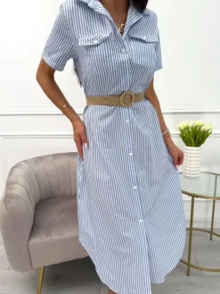 Błękitno-Biała Sukienka w Paski 13975-102-A|Modna Kiecka Fashion