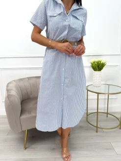 Błękitno-Biała Sukienka w Paski  13975-102-A|Modna Kiecka Fashion
