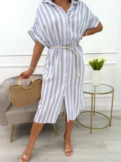 Błękitno-Biała Sukienka w Paski Oversize 13994-20-A|Modna Kiecka New