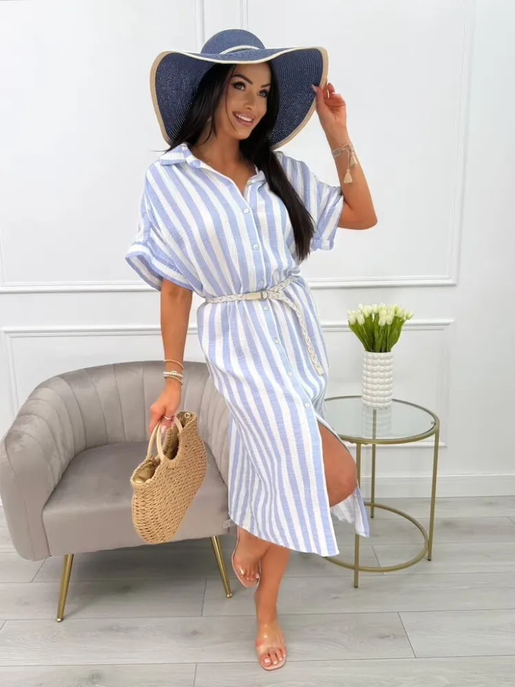 Błękitno-Biała Sukienka w Paski Oversize 13994-20-A|Modna Kiecka New