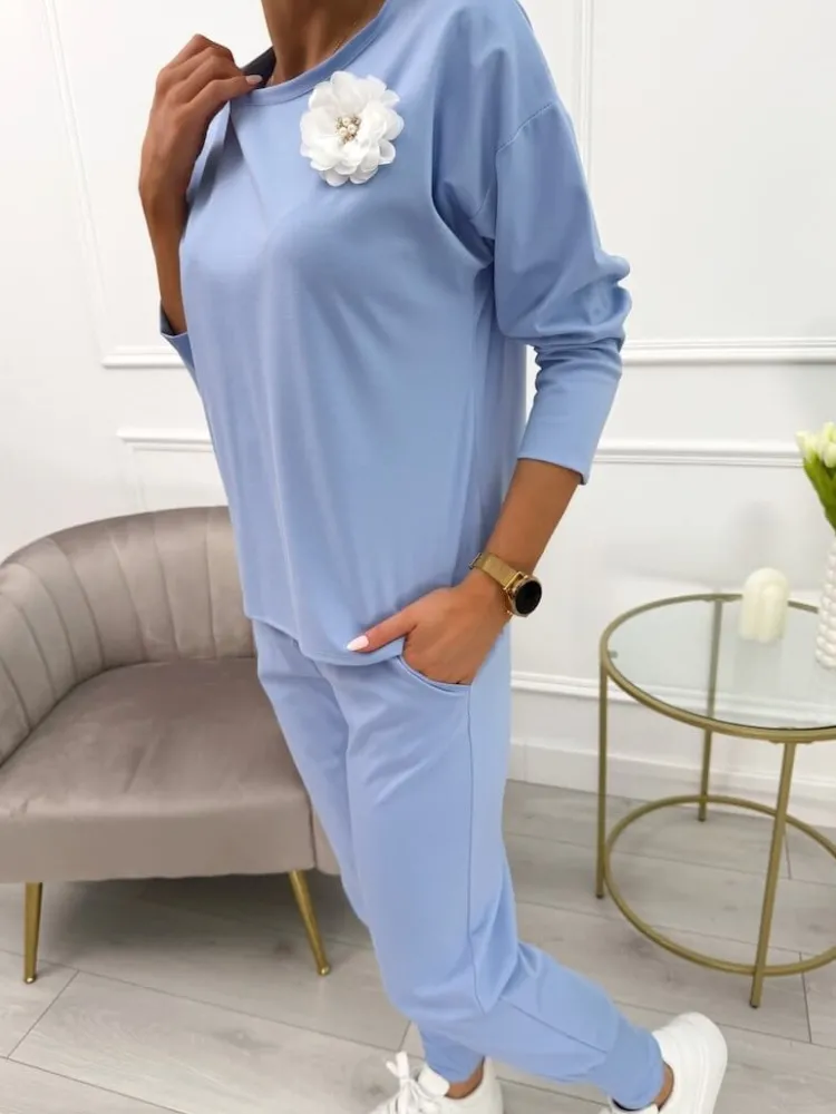 Błękitny Komplet z Ozdobną Broszką 13783-204-A|Modna Kiecka Hot