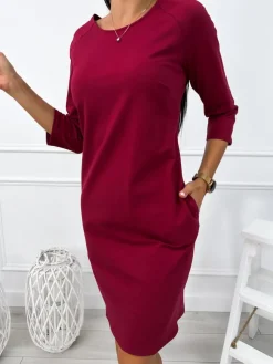 Bordowa Bawełniana Sukienka z Kieszeniami 12762-270-B|Modna Kiecka Sale