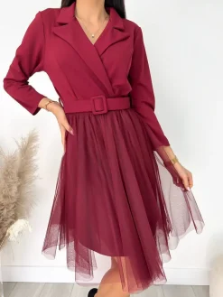 Bordowa Kopertowa Sukienka z Tiulem 9257-238-A|Modna Kiecka Clearance