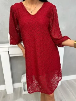 Bordowa Koronkowa Sukienka z Dekoltem V 13396-349-A|Modna Kiecka Hot
