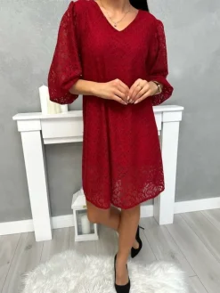 Bordowa Koronkowa Sukienka z Dekoltem V 13396-349-A|Modna Kiecka Hot