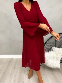 Bordowa Plisowana Sukienka Midi 13192-401-A|Modna Kiecka Online
