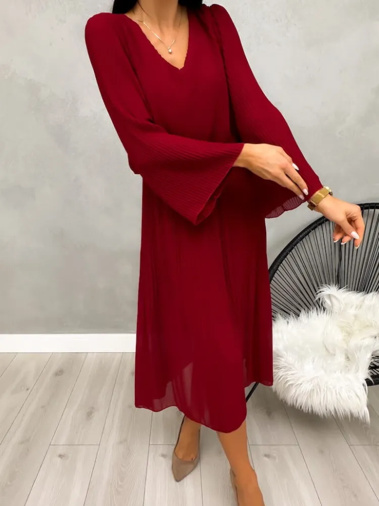 Bordowa Plisowana Sukienka Midi 13192-401-A|Modna Kiecka Online