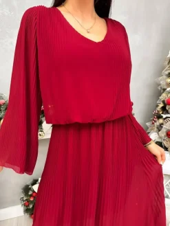 Bordowa Plisowana Sukienka Midi 13192-401-A|Modna Kiecka Online