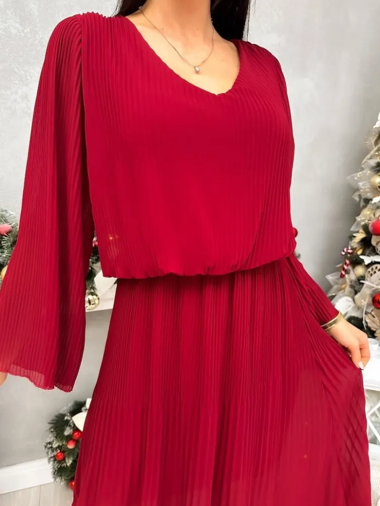 Bordowa Plisowana Sukienka Midi 13192-401-A|Modna Kiecka Online