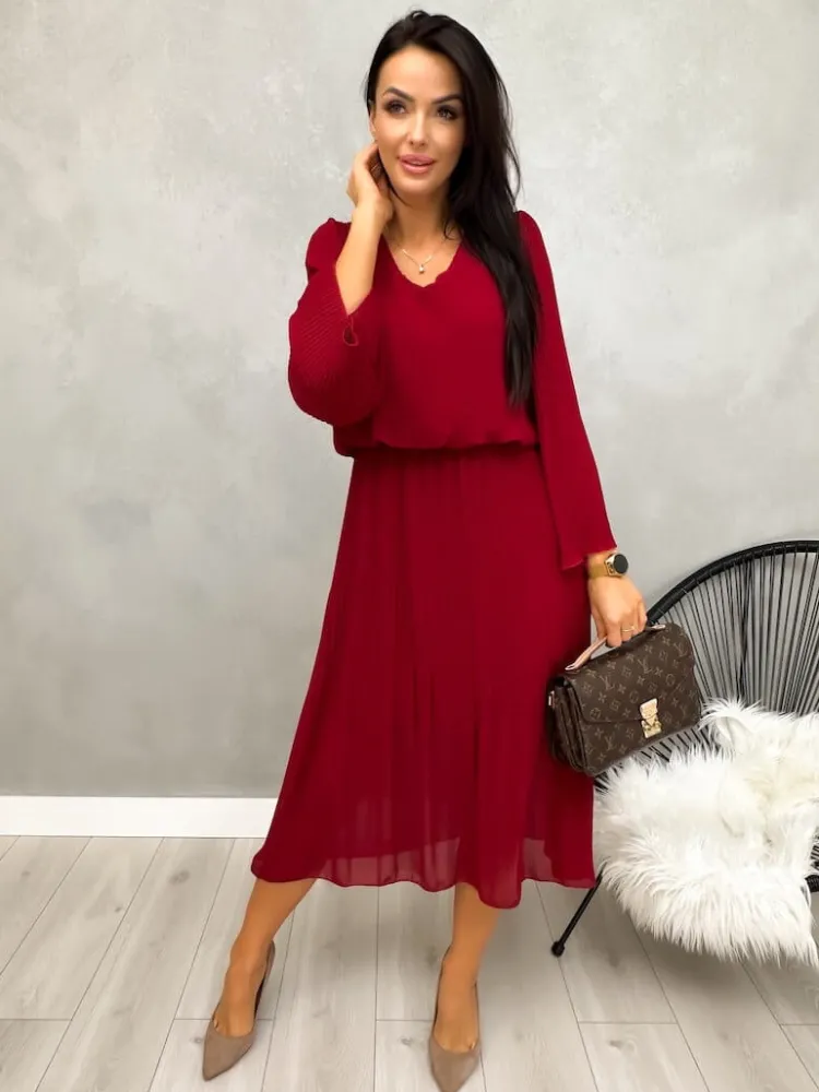 Bordowa Plisowana Sukienka Midi 13192-401-A|Modna Kiecka Online