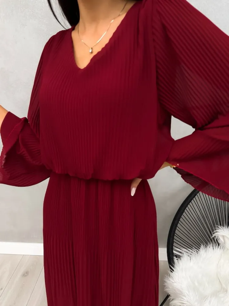 Bordowa Plisowana Sukienka Midi 13192-401-A|Modna Kiecka Online