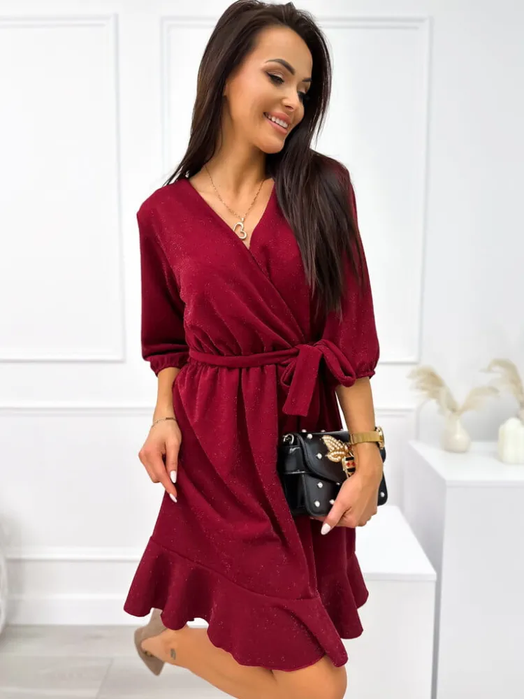 Bordowa Połyskująca Sukienka z Paskiem 11047-213-A|Modna Kiecka Fashion