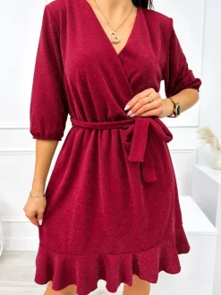 Bordowa Połyskująca Sukienka z Paskiem 11047-213-A|Modna Kiecka Fashion