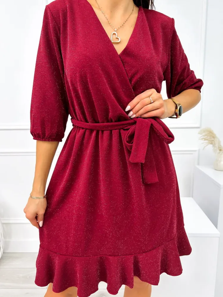 Bordowa Połyskująca Sukienka z Paskiem 11047-213-A|Modna Kiecka Fashion